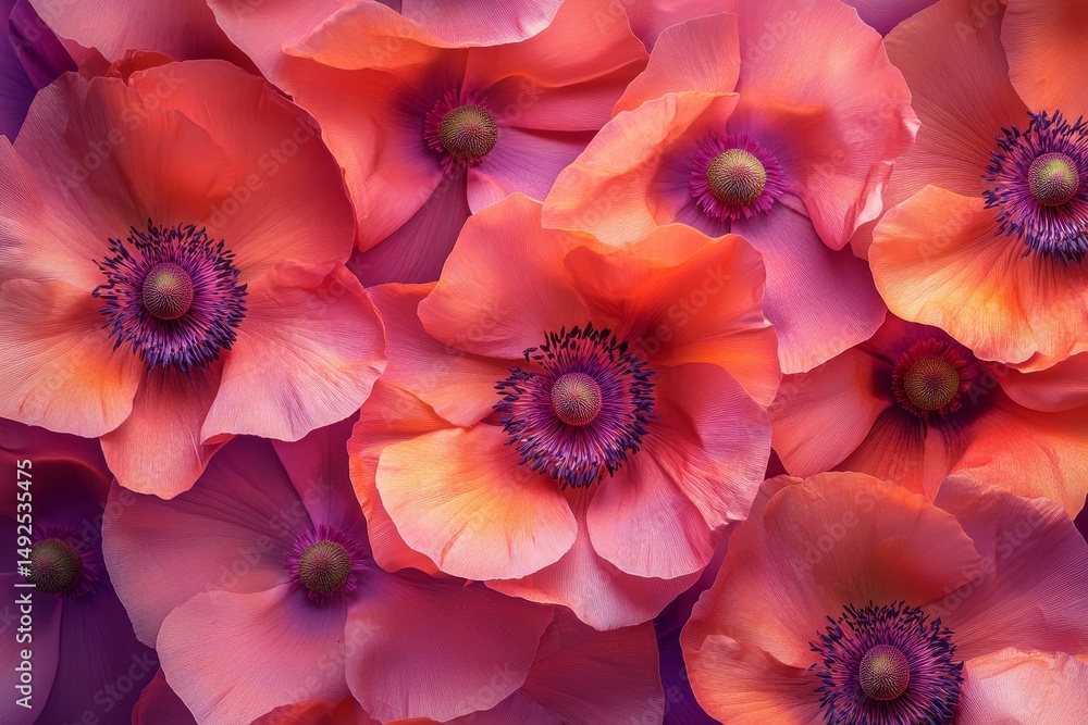 Fototapeta premium Close-up view of numerous vibrant coral and fuchsia poppies.