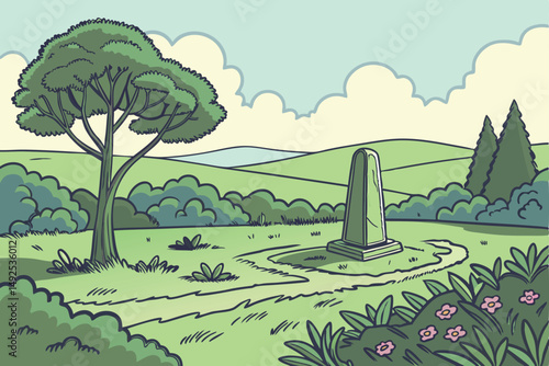 170 lush green landscape, manicured shrubs and trees, large stone sculpture in grassy meadow, cloudy blue sky, serene and tranquil environment