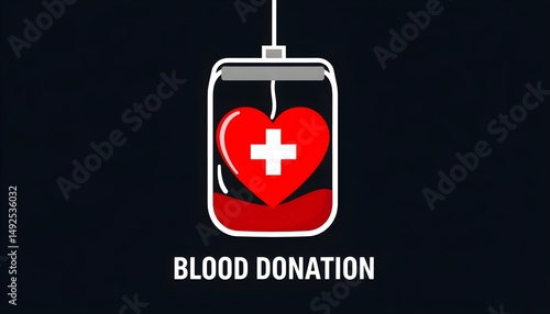 A stylized blood bag with a medical cross symbol, connected to a heart shape filled with blood. The design emphasizes the concept of blood donation, featuring bold red colors and simple, clean lines. 