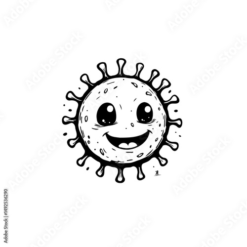 Whimsical virus illustration, cartoonish depiction of infectious disease agent