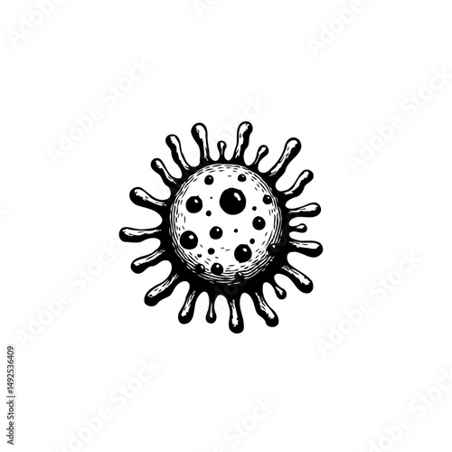 Engraved depiction of a virus cell with dark details on a white background