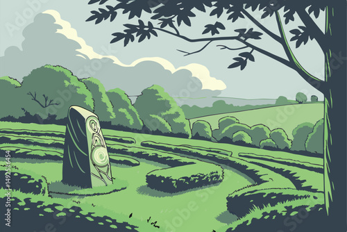 170 lush green landscape, manicured shrubs and trees, large stone sculpture in grassy meadow, cloudy blue sky, serene and tranquil environment