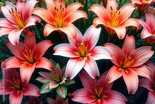 Dense cluster of stylized lilies, repeating seamlessly, art, fabric