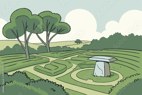 170 lush green landscape, manicured shrubs and trees, large stone sculpture in grassy meadow, cloudy blue sky, serene and tranquil environment