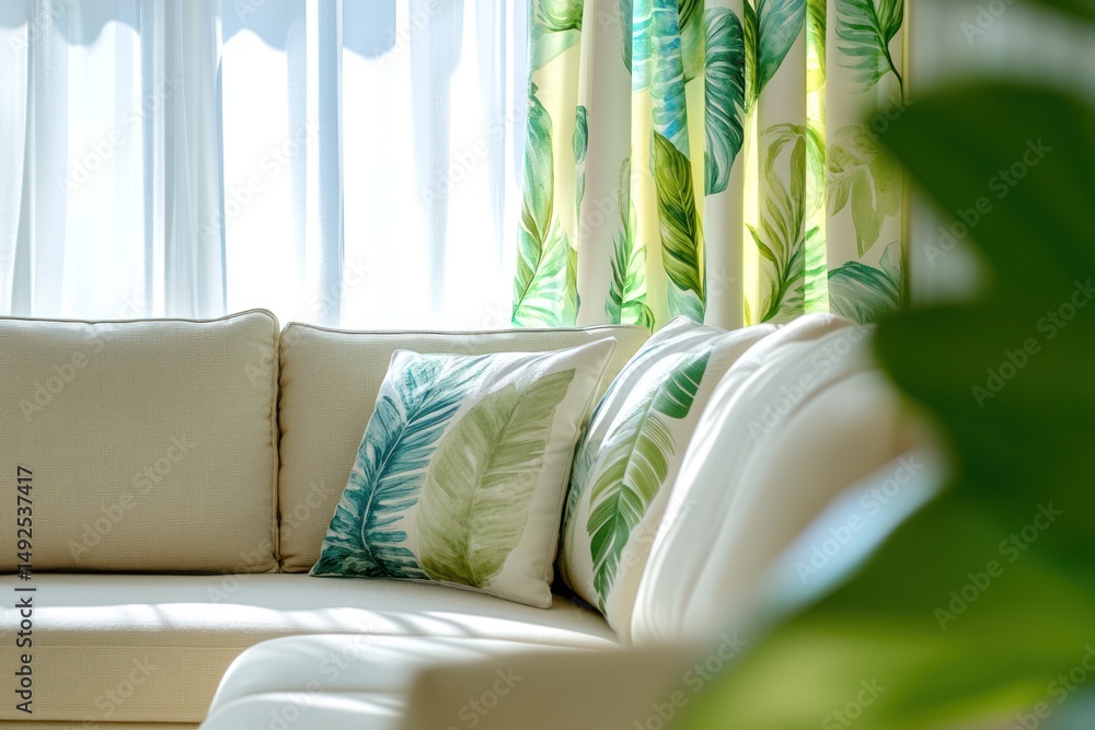 Tropical patterned cushions on a cream sofa