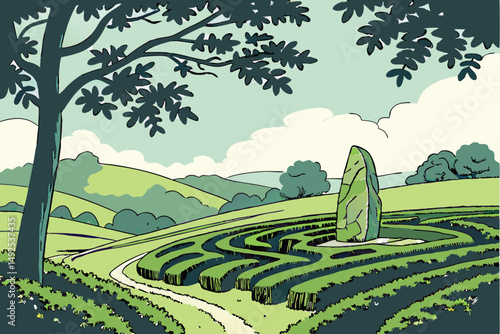 170 lush green landscape, manicured shrubs and trees, large stone sculpture in grassy meadow, cloudy blue sky, serene and tranquil environment