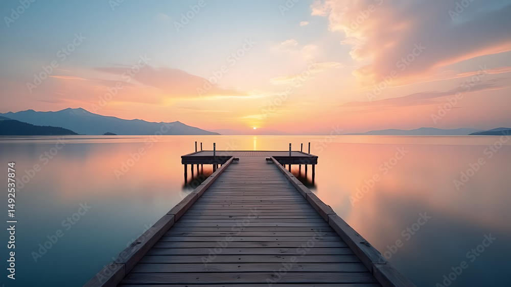 A Serene Wooden Pier Leading to the Horizon Over a Colorful and Calm Lake at Sunrise or Sunset A Serene Wooden Pier Leading to the Horizon Over a Colorful and Calm Lake at Sunrise or Sunset