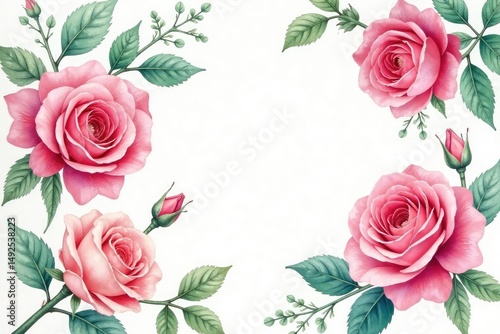 Intricate watercolor roses & leaves, soft hues, floral design, botanical pattern, texture