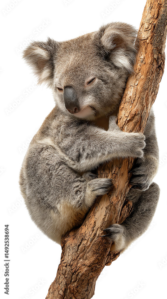 Obraz premium A peaceful koala resting on a tree branch. Isolated trasparent Png.