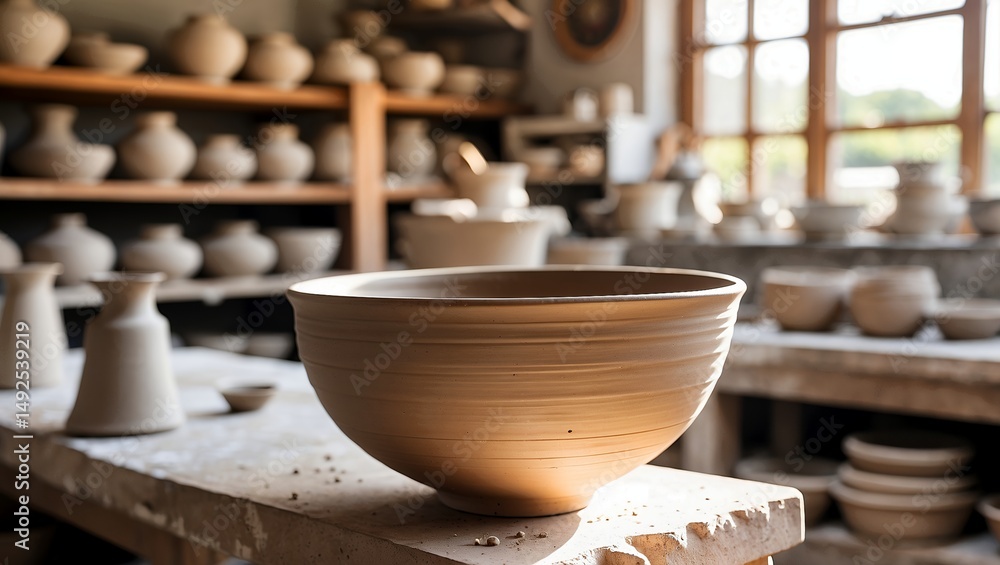 Sunlit pottery studio showcasing a craftsman's bowl Sunlit pottery studio showcasing a craftsman's bowl