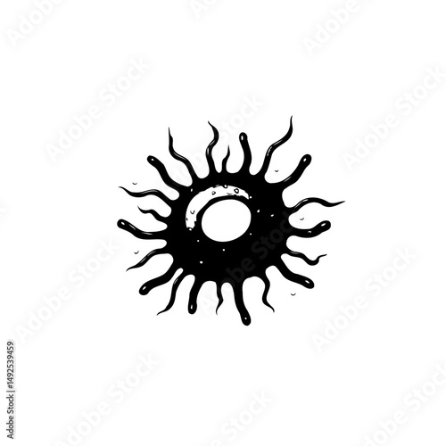Monochrome Celestial Body Depiction with Tentacle-Like Emanations and Void Core