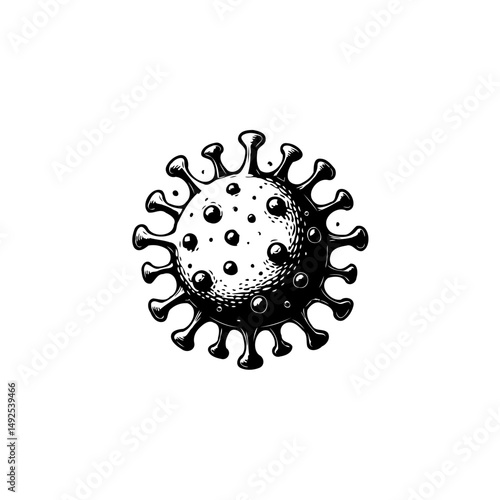 Intricate monochrome representation of a viral structure with detailed surface features