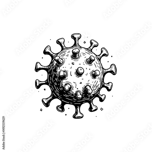 Monochrome depiction of a spherical virus with surface projections in focus