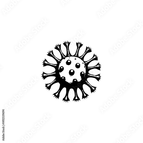 Monochrome representation of a microscopic pathogen exhibiting radiating spikes