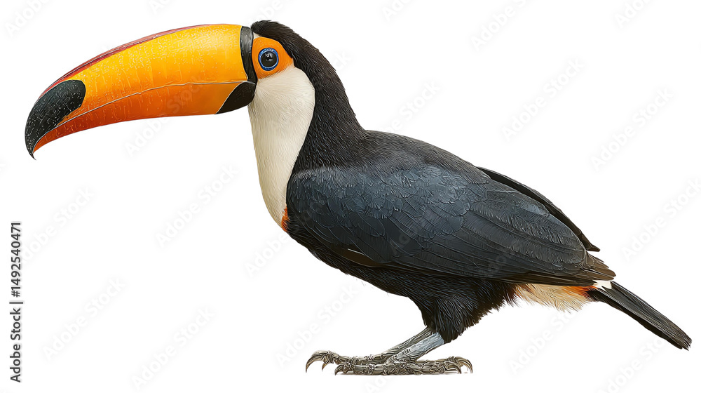 Naklejka premium Colorful toucan with a striking beak. Isolated trasparent Png.