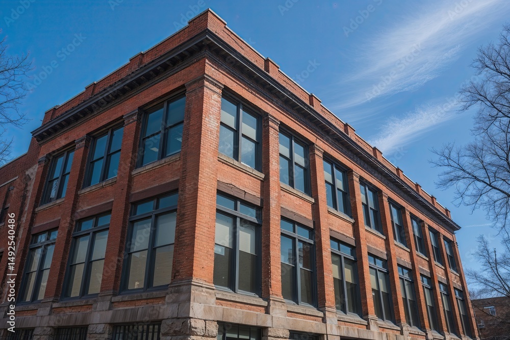 Fototapeta premium Historic Brick Office Building Under Clear Blue Sky