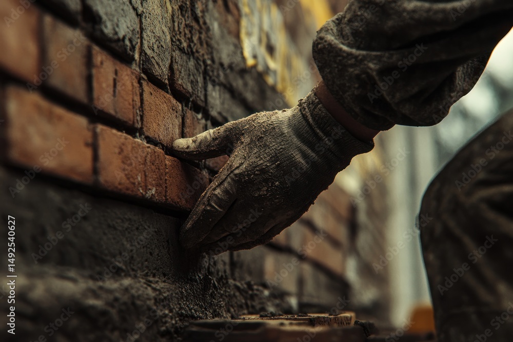 Bricklayer working on a brick wall