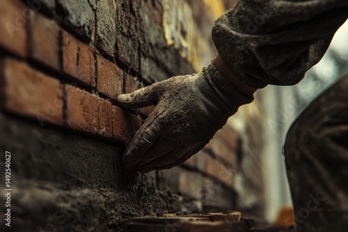 Obraz na płótnie Bricklayer working on a brick wall w salonie