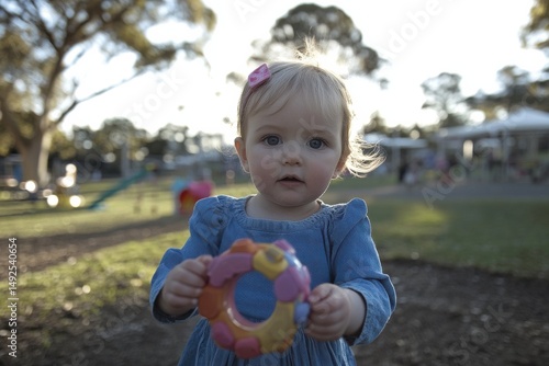 Adorable toddler playing in a playground during golden hour, holding a colorful toy with a charming smile, surrounded by nature and playful atmosphere