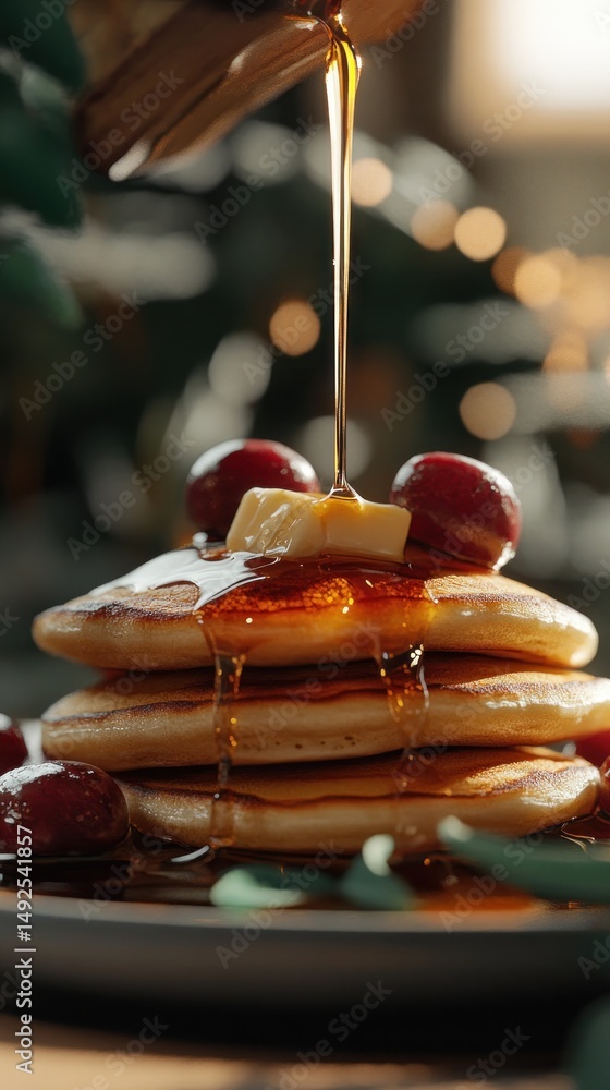 Stack of pancakes with syrup butter and cherries