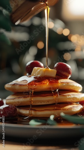 Obraz na płótnie Stack of pancakes with syrup butter and cherries w salonie