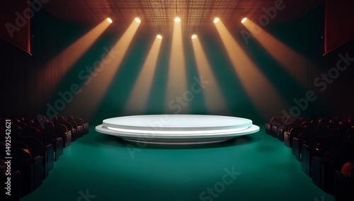 Empty stage with spotlight, illuminated round platform.