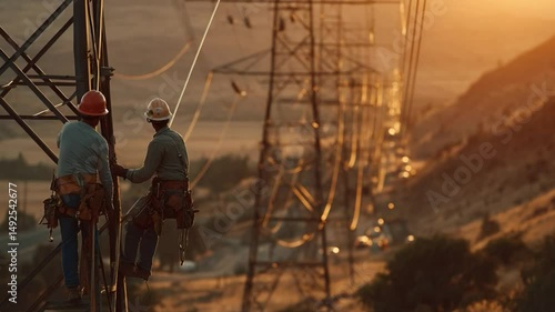 Power Line Maintenance at Sunset: Two maintenance workers are working on a power line tower at golden sunset time, it symbolizes the beauty of energy, power and the environment.