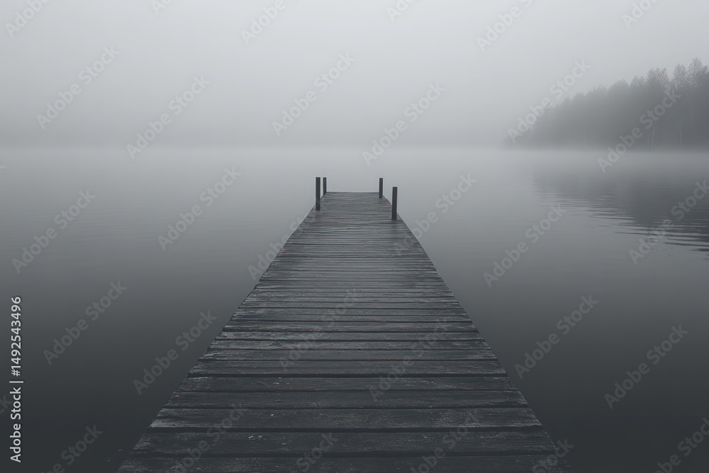 Misty lake, wooden pier extending into a hazy distance Misty lake, wooden pier extending into a hazy distance