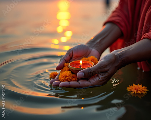 Elderly Woman Offering Marigold Flowers and Diya to the Ganges at Dawn | Ganga Dussehra Ritual