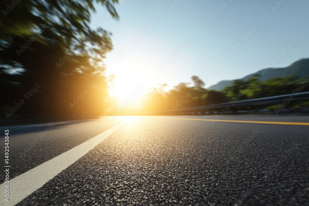 Fototapeta premium Asphalt Road Leading to Sunrise with Trees and Mountains in Background Low Angle Perspective