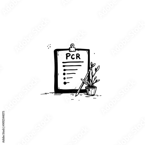 Hand-drawn illustration of pcr test, clipboard, plant, and pencil in simplistic style