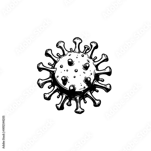Detailed black and white drawing depicting a microscopic view of a virus cell