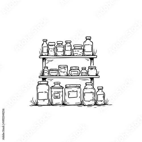 Hand-Drawn Pantry Shelves: A Rustic Still Life of Jars and Bottles Illustration