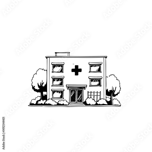 Minimalist rendering featuring a healthcare institution with distinctive emblem