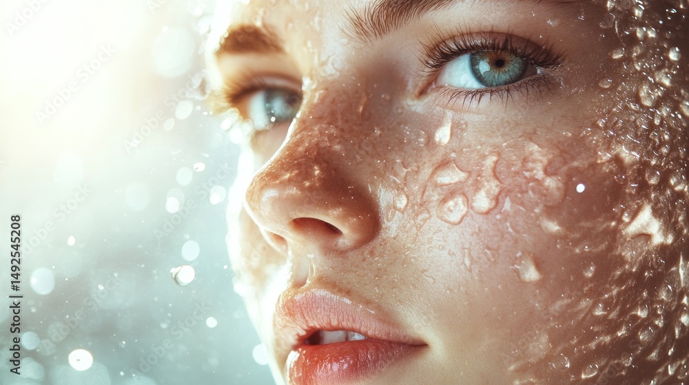 Close up of a wet womans face with water droplets on skin