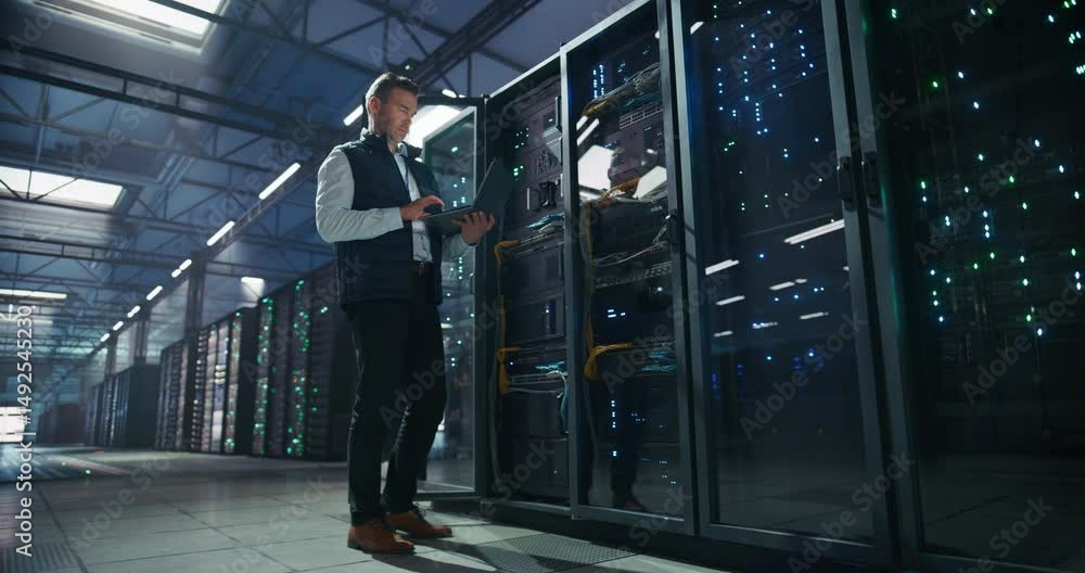 Data Center Administrator Using Laptop Computer. Maintenance Specialist Working on Cyber Security and Network Protection in AI Computing Facility. Engineer Checking Server Farm Analytics