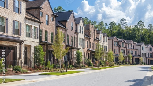 New development of townhomes in modern brick architecture with paved streets and tidy hedges
