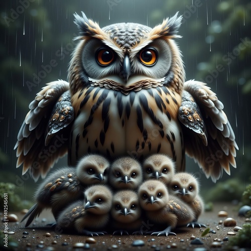 Great horned owl with her young chicks ~ Ai