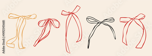 Set of various Bow knots, tie ups, gift bows. Hand drawn Vector illustration. Isolated outline design elements. Wedding, celebration, holiday, party decoration, gift, frame, border, present concept