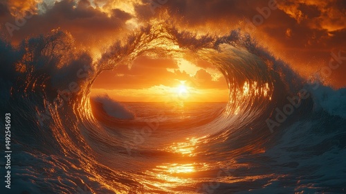 Dramatic ocean sunset through a wave