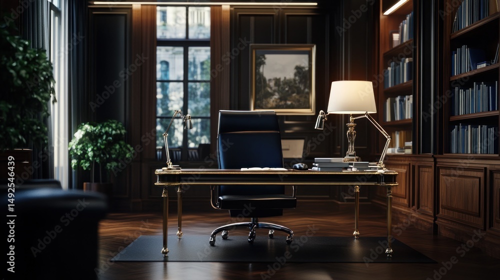 Elegant dark wood office with leather chair and mahogany desk