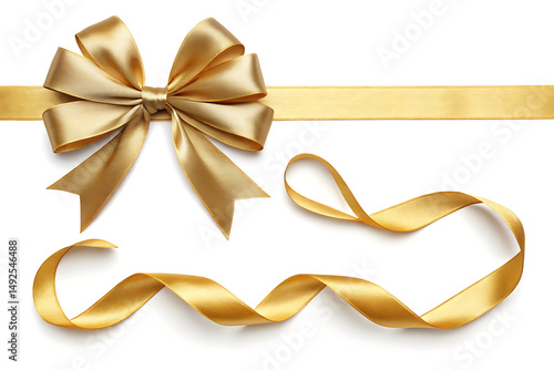 A golden ribbon with a bow and two loose ribbon strands on a white background in a flat lay style