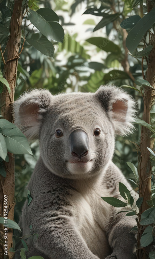 Fototapeta premium Adorable koala joey nestled amongst eucalyptus leaves Seamless vector repeat , seamless, animal, wildlife