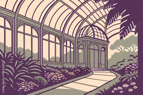 172 victorian conservatory, glass arched roof, ornate interior, beautiful garden architecture, vibrant floral displays, intricate pathway, natural landscape, dramatic lighting, cinematic mood