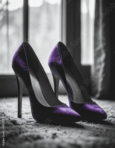 black and white image of a pair of stilettos with violet heels, partial desaturation scene, partial desaturation style, black and white, sophisticated, atmospheric, highly detailed, highly textured