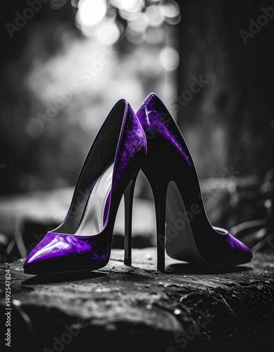 black and white image of a pair of stilettos with violet heels, partial desaturation scene, partial desaturation style, black and white, sophisticated, atmospheric, highly detailed, highly textured