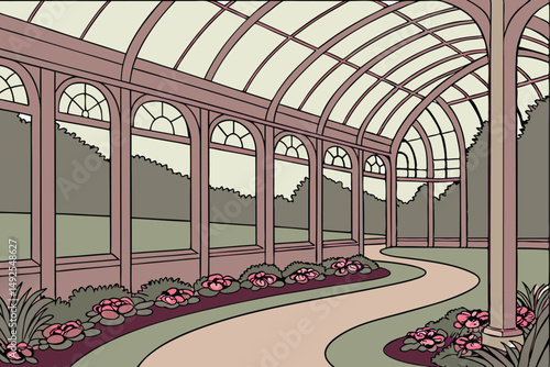 172 victorian conservatory, glass arched roof, ornate interior, beautiful garden architecture, vibrant floral displays, intricate pathway, natural landscape, dramatic lighting, cinematic mood