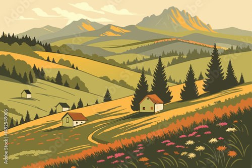 173 detailed pastoral landscape, rolling hills, lush green forests, mountain range in the background, small white cottages, vibrant wildflowers in the foreground, warm color palette, whimsical and dre