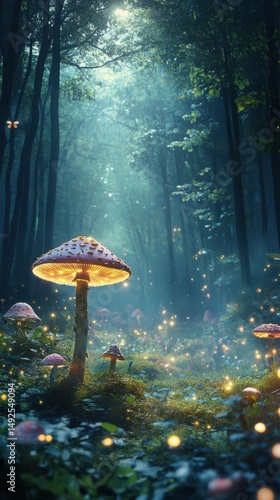 A fantasy forest scene with glowing mushrooms and soft light in a mystical atmosphere.