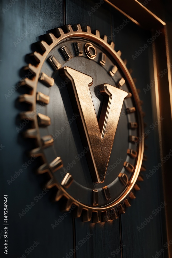 Copper colored letter v on a dark surface with a gear background